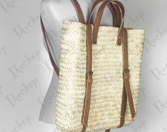 50 % OFF Straw Beach bag with leather strap - Straw backpack - Hipster backpack - boho backpack