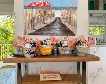 May include: A table setting for a beach-themed party with six small wicker baskets filled with gifts, each with a personalized name tag. The baskets are arranged on a wooden table with a towel that says "40 years of Patrick birthday beach bash".