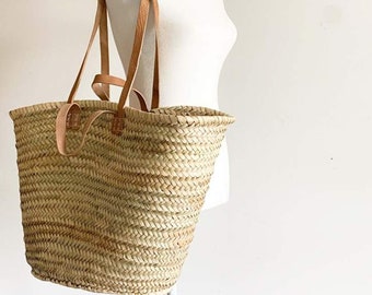 French Straw Bag Handmade with Leather - French Market Basket, Eco-Friendly Tote, Grocery Bag, Fashionable and Durable