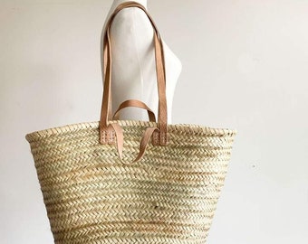 50% Off PERSONALIZED STRAW BAG Handmade with leather, French Market Basket, french market bag, Straw basket, grocery market bag