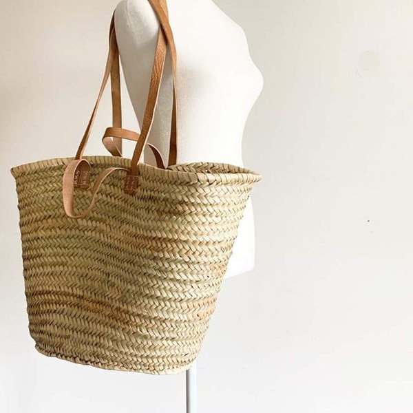 French Straw Bag Handmade with Leather - French Market Basket, Eco-Friendly Tote, Grocery Bag, Fashionable and Durable