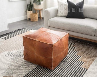 Handcrafted 40% OFF Brown Square Leather Moroccan Pouf - Stylish Footstool Ottoman Pouf