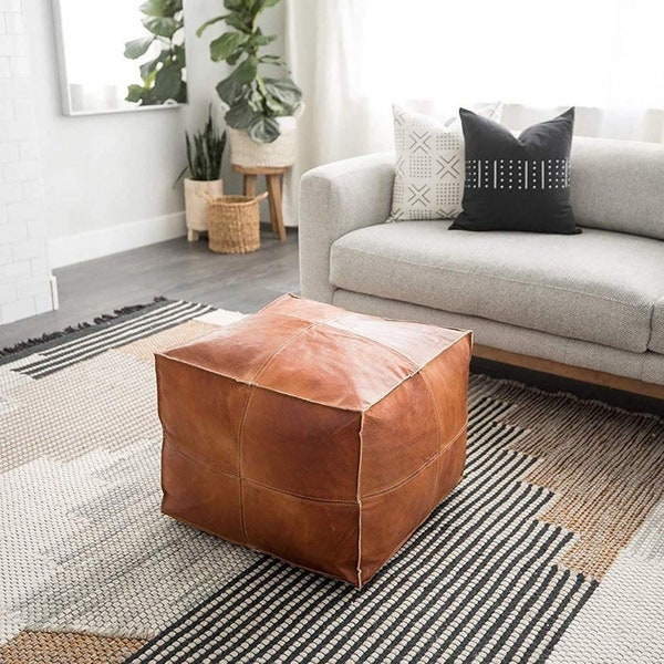 Fabriqué à la main 40 % de réduction sur le pouf marocain en cuir carré marron - pouf ottoman élégant