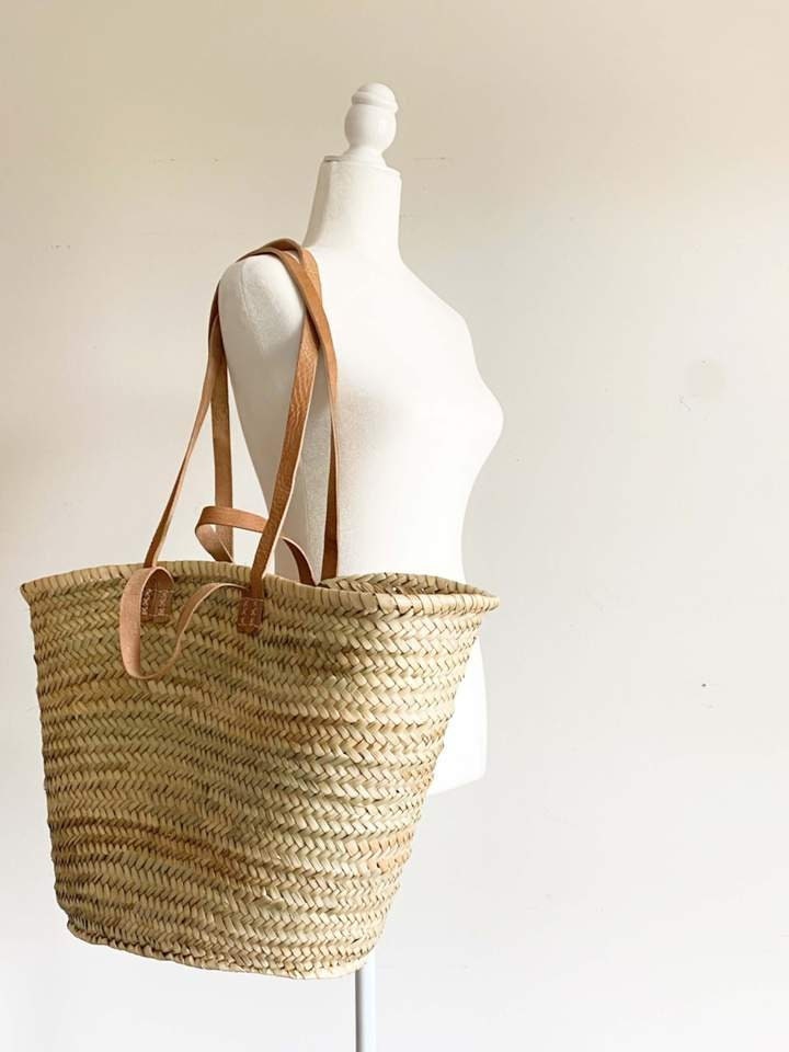 French Straw Bag Handmade with Leather - French Market Basket, Eco-Friendly Tote, Grocery Bag, Fashionable and Durable