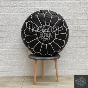 40% OFF Elegant Moroccan Pouffe with White Stitching - Handcrafted Leather Ottoman Pouf