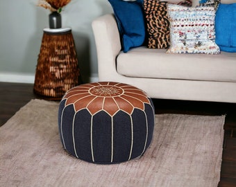 Leather Ottoman Pouf, Moroccan Style Footstool, Handcrafted Leather Pouf, Boho Decor