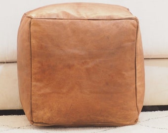 Handcrafted 40% OFF Brown Square Leather Moroccan Pouf - Stylish Footstool Ottoman Pouf