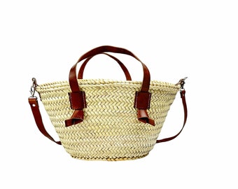 BOLSA DE PAJA Hecha a mano con cuero, Cesta de mercado francesa, bolsa de mercado francesa, Cesta de paja, cesta francesa, bolsa de mercado de comestibles