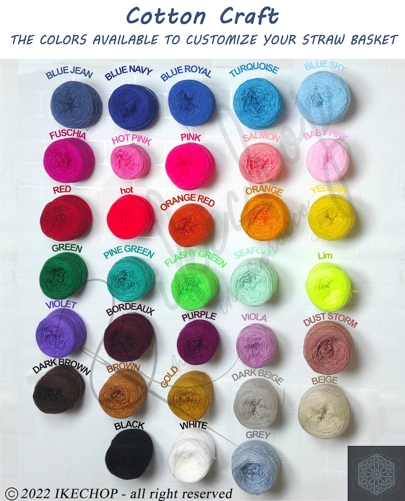 May include: A display of colorful cotton yarn balls, showcasing a variety of hues including blue, pink, green, and yellow. The text "Cotton Craft" and "THE COLORS AVAILABLE TO CUSTOMIZE YOUR STRAW BASKET" are visible. The image includes a copyright notice.