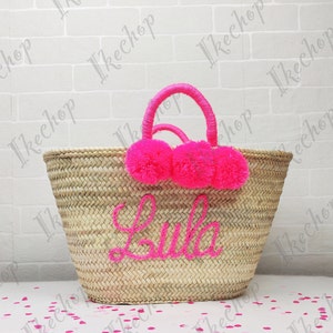 50 % OFF Monogrammed Straw bag with pompoms - customized beach bag-Customized Straw Tote Bag Initials for Unique Valentine's Day Gift