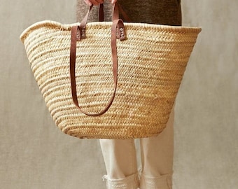 Handwoven Straw Bag with Leather Accents - French Market Basket, Eco-Friendly Grocery Tote, Stylish French Market Bag