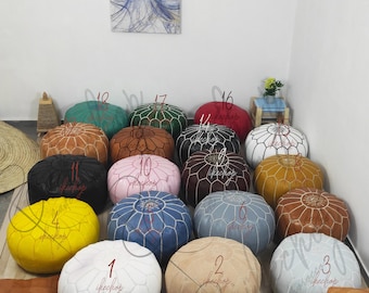 Marokkanischer POUF **50% OFF** mit weißem Nahtleder Pouf Ottoman Pouf Morrocan Leder Pouf Marokkanischer Pouffe