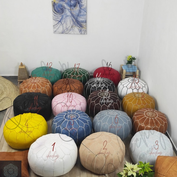 Moroccan POUF **50% OFF** with White Stitching Leather Pouf Ottoman Pouf Morrocan Leather Pouf Moroccan Pouffe