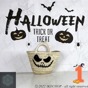 Halloween costume straw totes bag, Pumpkin Bag, Halloween Bucket, Candy Tote, Monogram Basket, Halloween Gifts for Kids