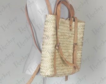 50 % OFF Sac de plage en paille avec bandoulière en cuir - Sac à dos en paille - Sac à dos hipster - Sac à dos bohème