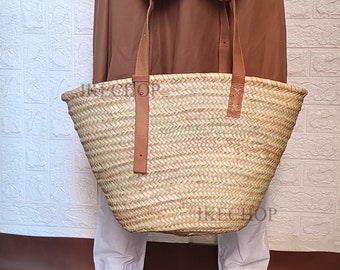 50% Off STRAW BAG Handmade with leather, French Market Basket, french market bag, Straw basket, french basket, grocery market bag