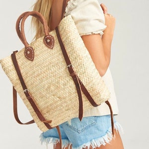 50 % OFF Straw Beach bag with leather strap - Straw backpack - Hipster backpack - boho backpack