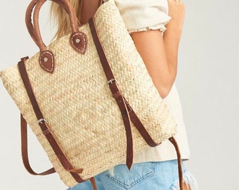 50 % SALE Stroh Strandtasche mit Lederband - Stroh Rucksack - Hipster Rucksack - Boho Rucksack