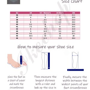 Puede incluir: Tabla de tallas para zapatillas marroqu&iacute;es con una tabla que muestra las tallas europeas, brit&aacute;nicas, estadounidenses para mujeres, estadounidenses para hombres y en cm. La tabla muestra las tallas del 36 al 46. Un diagrama muestra c&oacute;mo medir el tama&ntilde;o de tu zapato.