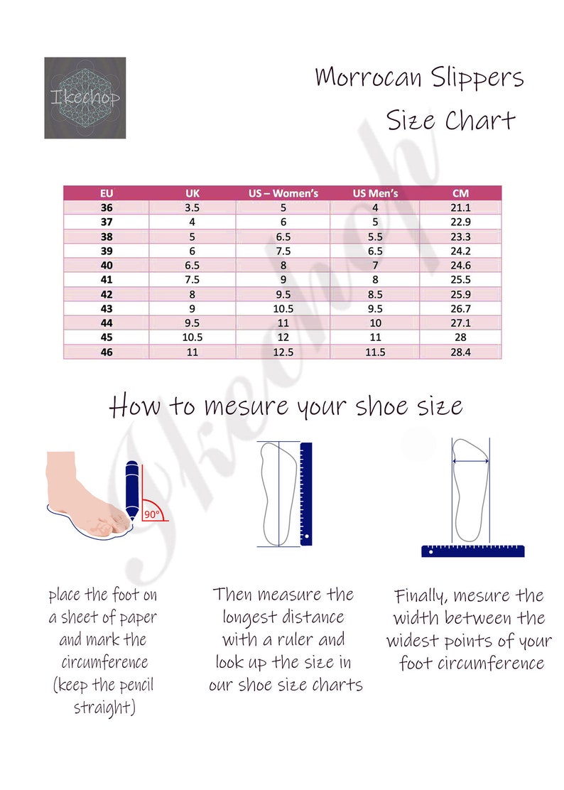 Puede incluir: Tabla de tallas para zapatillas marroqu&iacute;es con una tabla que muestra las tallas europeas, brit&aacute;nicas, estadounidenses para mujeres, estadounidenses para hombres y en cm. La tabla muestra las tallas del 36 al 46. Un diagrama muestra c&oacute;mo medir el tama&ntilde;o de tu zapato.