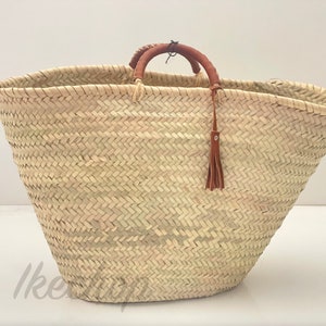 Eco-Friendly French Market Basket with Leather Accents - Handwoven Straw Bag for Stylish Grocery Tote and More