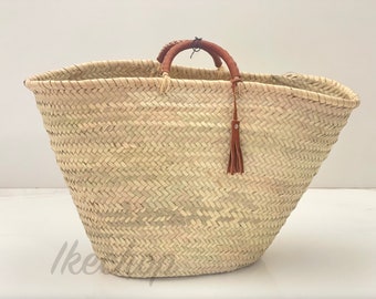 Eco-Friendly French Market Basket with Leather Accents - Handwoven Straw Bag for Stylish Grocery Tote and More