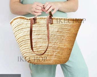 50% Off STRAW BAG Handmade with leather, French Market Basket, french market bag, Straw basket, french basket, grocery market bag