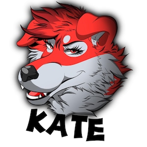 May include: A digital illustration of a stylized anthropomorphic canine head with vibrant red and grey fur, red eyes, and long eyelashes. The character has a black nose and visible white teeth. The name KATE is printed in bold black capital letters below.
