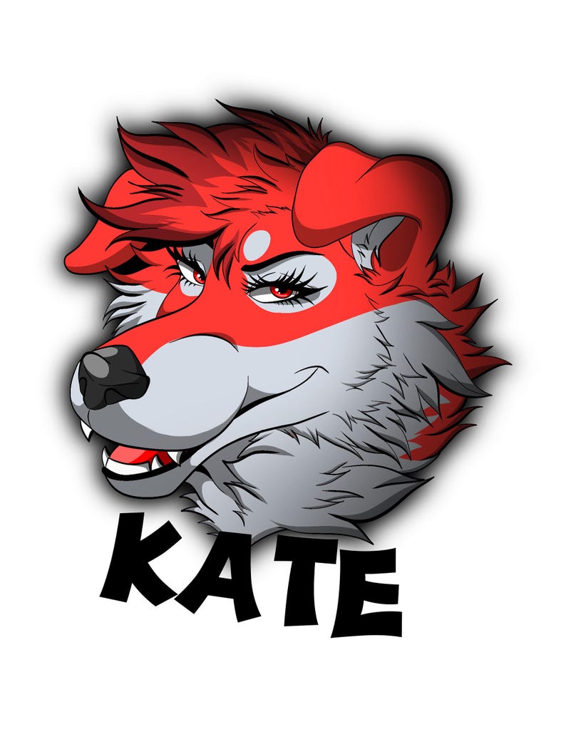 May include: A digital illustration of a stylized anthropomorphic canine head with vibrant red and grey fur, red eyes, and long eyelashes. The character has a black nose and visible white teeth. The name KATE is printed in bold black capital letters below.