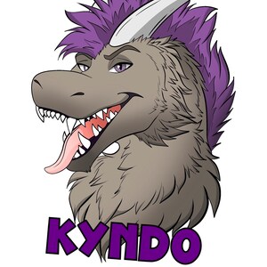 May include: A digital illustration of a grey dragon head with a purple mohawk, sharp white horns, and a pink tongue sticking out. The dragon has purple eyes and a confident expression. The word KYNDO is printed in bold purple letters below.