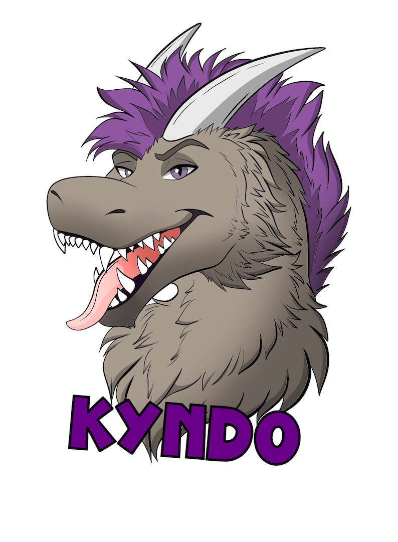 May include: A digital illustration of a grey dragon head with a purple mohawk, sharp white horns, and a pink tongue sticking out. The dragon has purple eyes and a confident expression. The word KYNDO is printed in bold purple letters below.