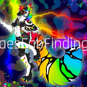 May include: A digital illustration of a furry character with a vibrant rainbow color scheme. The character has a black and white body, a colorful tail, and a background with lightning bolts and abstract shapes. The text "FaesFabFindings" is overlaid on the image.