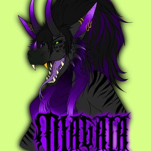 May include: A digital illustration of a black and purple dragon-like creature with long dark hair, horns, and piercings. The creature has green eyes, sharp teeth, and a long tongue. The text "MADACH" is displayed in a stylized black gothic font.