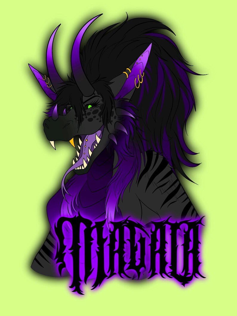 May include: A digital illustration of a black and purple dragon-like creature with long dark hair, horns, and piercings. The creature has green eyes, sharp teeth, and a long tongue. The text "MADACH" is displayed in a stylized black gothic font.