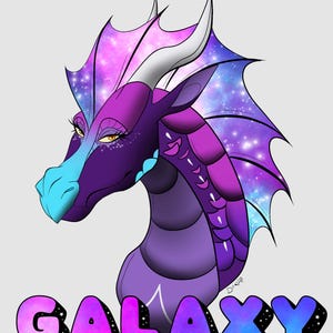 May include: A digital illustration of a dragon head with purple and blue galaxy-patterned fins and scales. The dragon has yellow eyes, long eyelashes, and white horns. Below the dragon, the word GALAXY is written in bold, colorful letters.