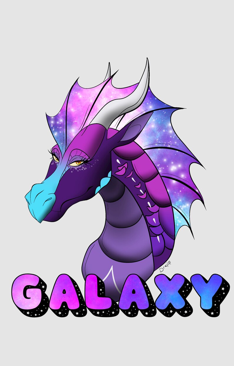 May include: A digital illustration of a dragon head with purple and blue galaxy-patterned fins and scales. The dragon has yellow eyes, long eyelashes, and white horns. Below the dragon, the word GALAXY is written in bold, colorful letters.