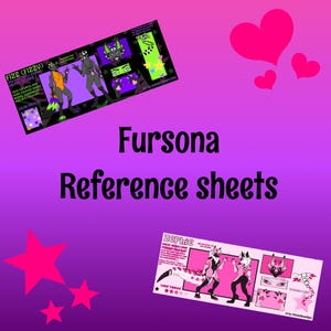 Puede incluir: Una ilustración digital que presenta dos hojas de referencia de fursona tituladas Fursona Reference sheets. La hoja superior muestra un personaje negro llamado Fizz con detalles en verde neón, mientras que la hoja inferior muestra un personaje rosa y blanco llamado Zephie.