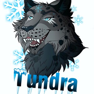 May include: A digital illustration of a dark gray, spotted feline creature with bright blue eyes and a toothy grin. The character is surrounded by glowing light blue snowflakes and the word Tundra written in blue with hanging icicles.