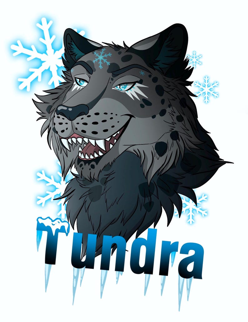 May include: A digital illustration of a dark gray, spotted feline creature with bright blue eyes and a toothy grin. The character is surrounded by glowing light blue snowflakes and the word Tundra written in blue with hanging icicles.