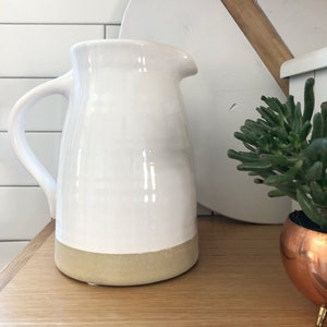 Farmhouse White Ceramic Pitcher | 8" inch | White Pitcher, White Vase for Flowers, Ceramic Vase, Kitchen Utensil Holder | Water Pitcher Sale