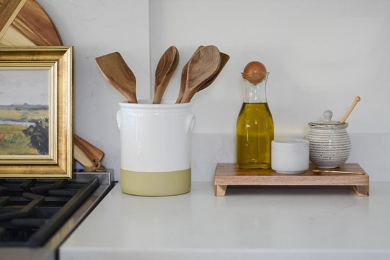 Gray Wood Wall Mounted or Countertop Utensil Holder, Kitchen Crock with 3 Compartments and Crate-Style Design