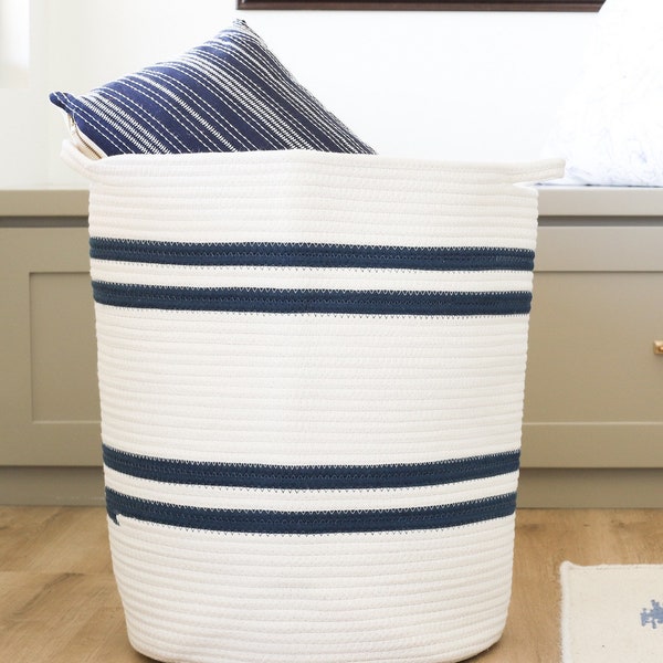 Cotton Rope Storage Baskets | Laundry Hamper | Chloe and Cotton Extra Large XL 19" x 16 | Decorative Handles Toy Towel Baby Navy Blue White