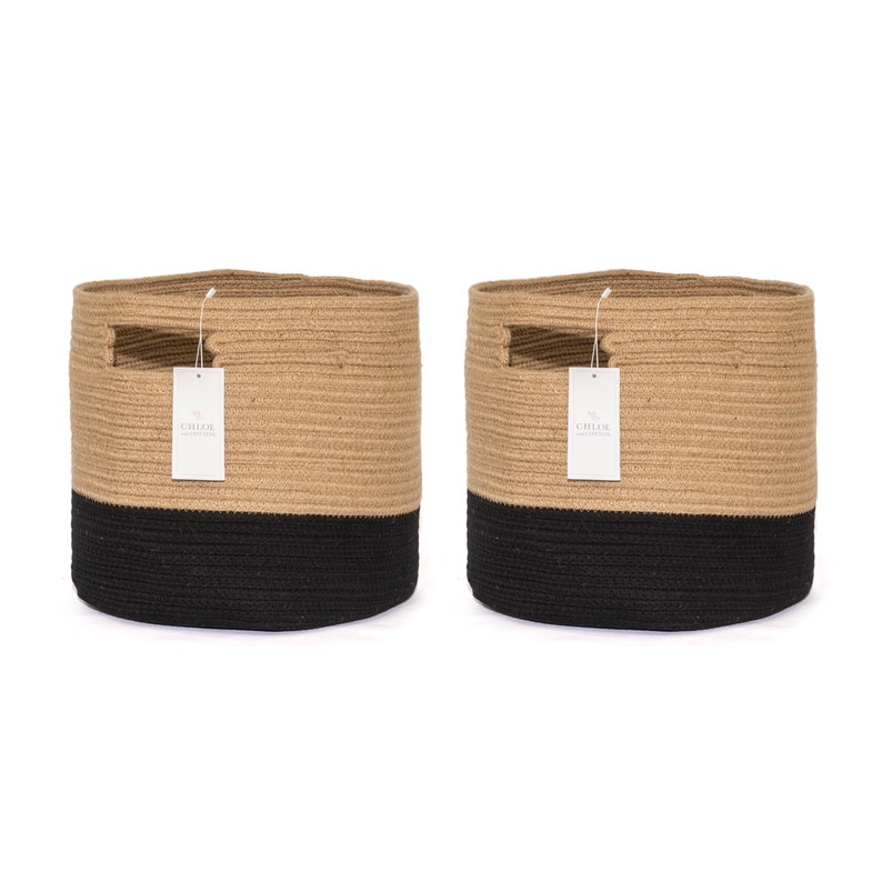 Cubby Storage Baskets Jute Black Set of 2 Cotton Rope Baskets Fabric Storage Bins Storage Cube Toy Cubby Storage Organizer Basket image 3