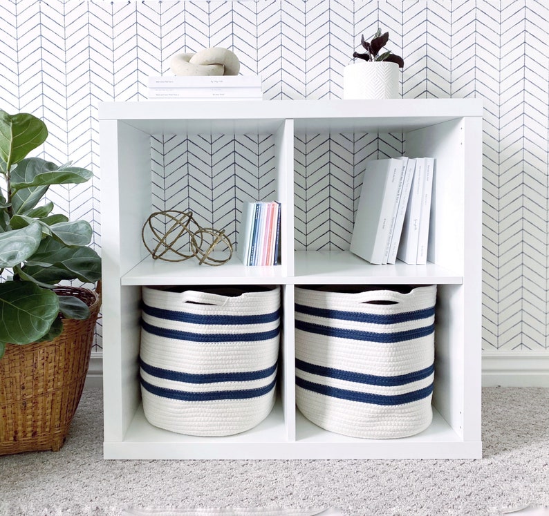 Cubby Storage Baskets Navy White Set of 2 Cotton Rope Etsy