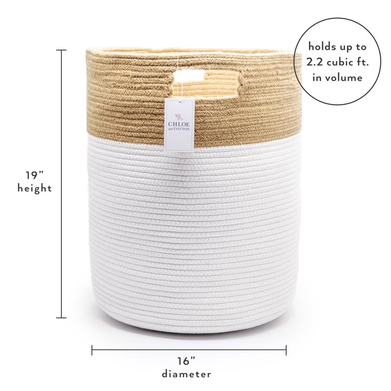 Cotton Rope Storage Baskets Laundry Hamper Chloe and Cotton Extra Large XL 19 x 16 Decorative Handles Toy Towel Baby Jute White Sale image 2