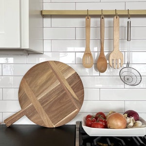 Chloe and Cotton Large Round Acacia Wood Bread Board 16” diameter | Kitchen decorative countertop hanging wooden tray, serving charcuterie