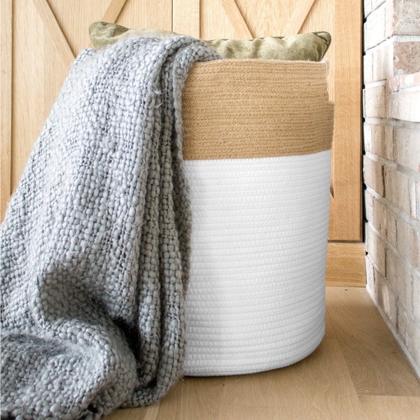 Paniers de rangement en corde de coton | Panier à linge | Chloé et Coton Extra Large XL 19" x 16 | Poignées Décoratives Serviette Jouet Bébé Jute Blanc Vente