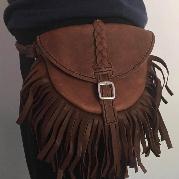 Genuine leather fanny pack, brown fringed bum bag, banana bag, festival belt, leather utility belt, hip bag, braided leather belt
