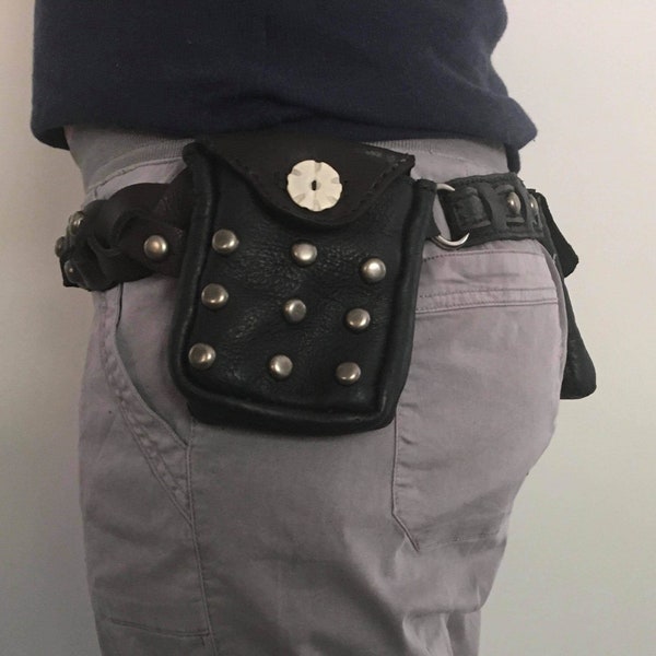 Genuine leather fanny pack with two pouches, bum bag, banana bag, festival belt, utility belt, post apocalyptic, wasteland, studded leather