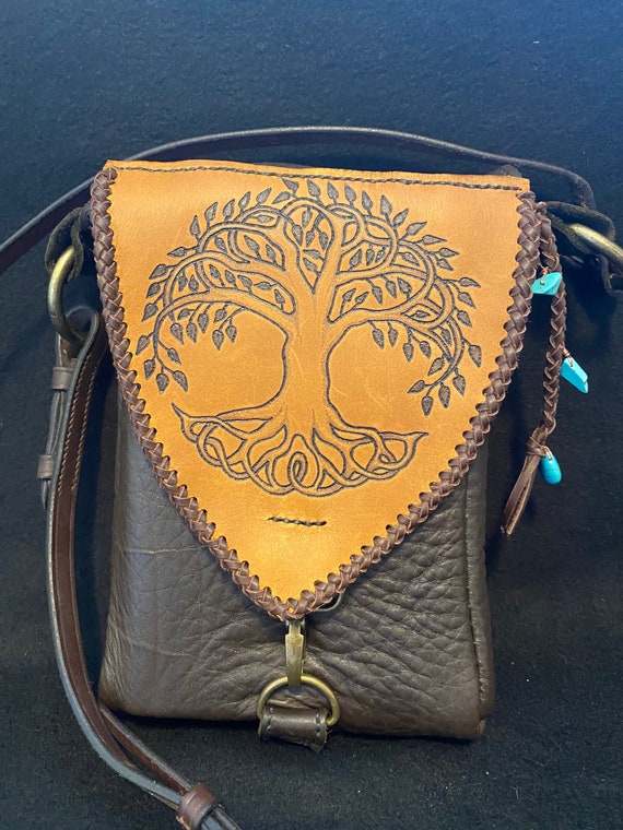 Genuine Brown Leather Purse Celtic Tree of Life Vintage 